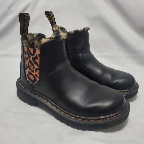 Dr Martens Kids 2976 Leonore Leo Boots Black Leopard Faux Fur Sz 12 - Picture 1 of 8